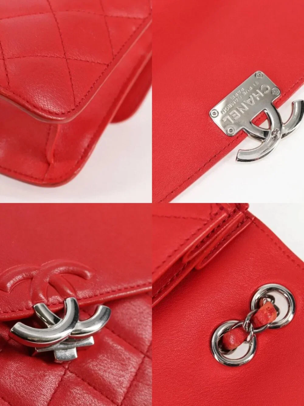 CHANEL Matelasse Chain Shoulder Bag Leather Red Silver CC Auth 138980M